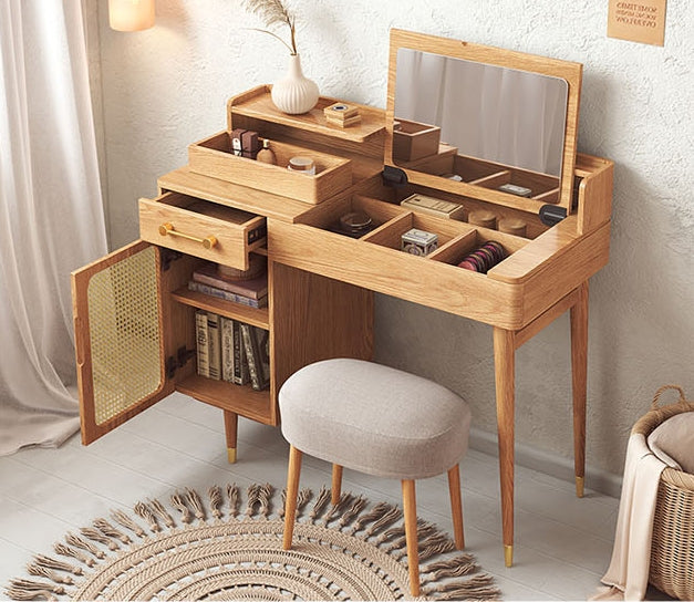 Clyde Dressing Table With Mirror, Rattan Oak-Weilai Concept