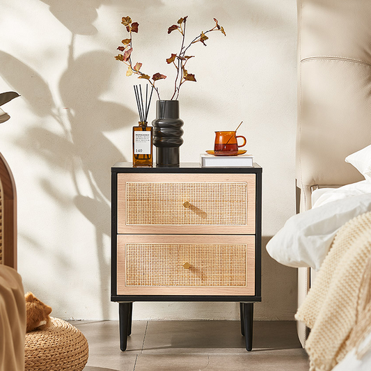 Tsaatan Wood Bedside Table, Rattan, Black-Weilai Concept