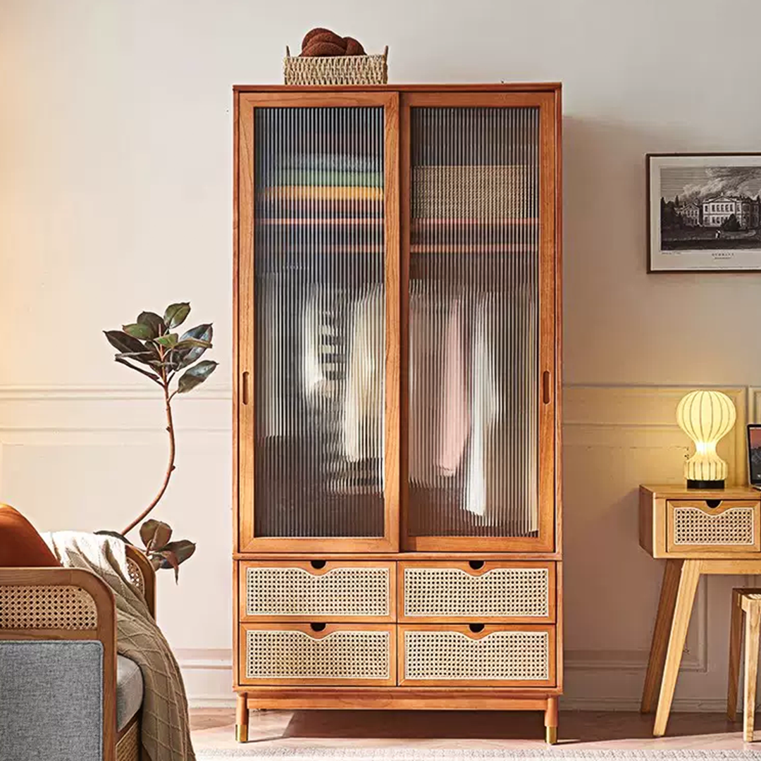 Fritzy Rattan Wardrobe With Coat Hanger & Sliding Glass Doors-Weilai Concept