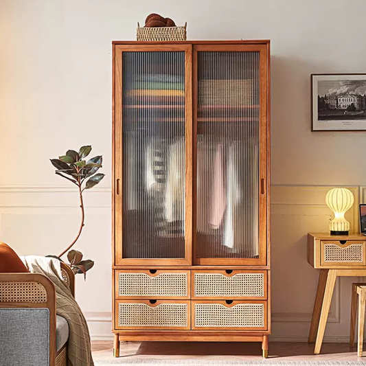 Fritzy Rattan Wardrobe With Coat Hanger & Sliding Glass Doors-Weilai Concept