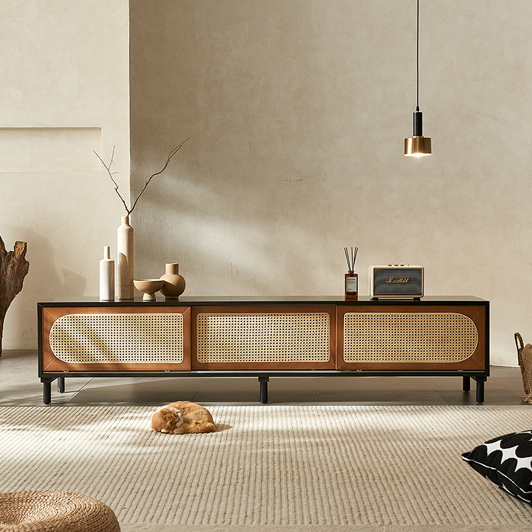 Dogon Rattan TV Stand, Black, Solid Wood-Weilai Concept